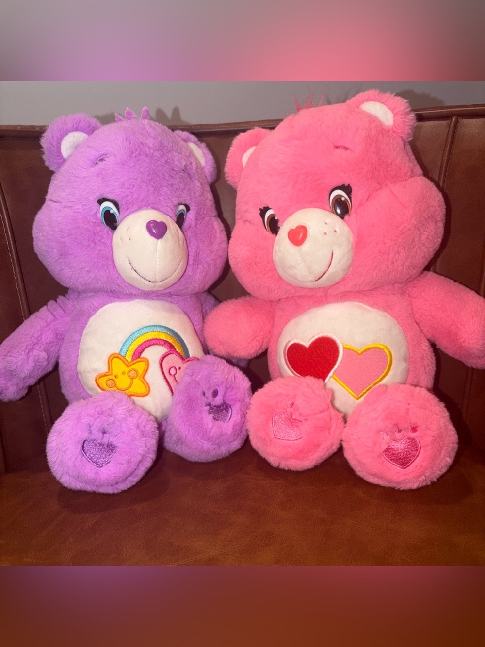 Set Of 2Care Bears Friendship Love purple Pink rainbow stars hearts Heart plush